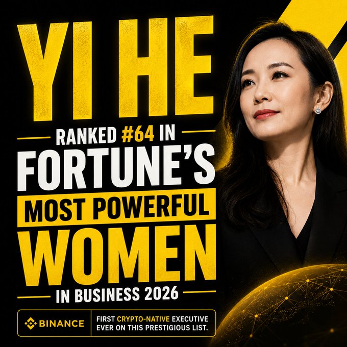 The image features a woman with long hair wearing a black dress standing against a yellow background. The text "Yi He" is written above her head, indicating that she has made history or achieved something significant. Below her, there are two lines of text stating that she was ranked #64 in Fortune's Most Powerful Women in Business and that the post was created on Binance. This suggests that the image might be related to a promotional campaign for Binance, highlighting the achievements of a female executive within the cryptocurrency industry.