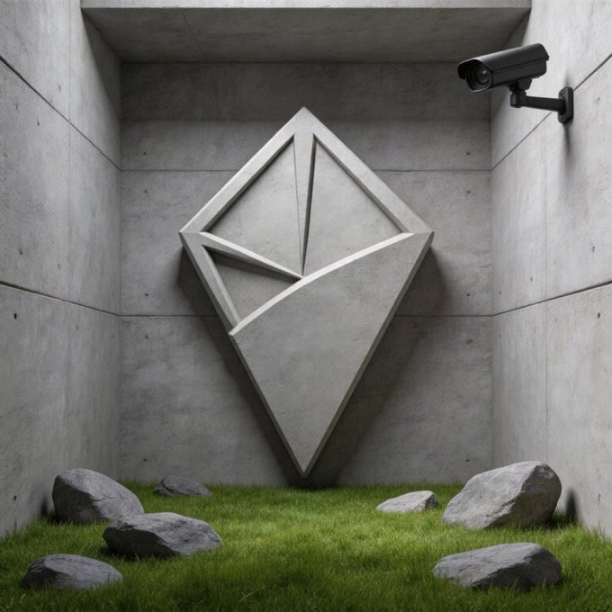 A 3D-rendered concrete room with grass and scattered rocks on the floor, featuring a large Ethereum logo mounted on the back wall under the watchful lens of a security camera.