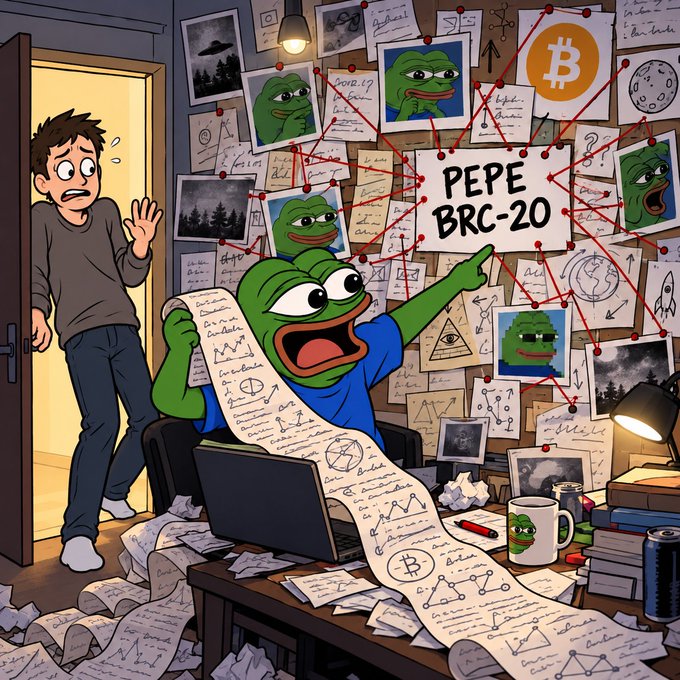 A cartoon shows a man looking shocked at a Pepe the Frog character surrounded by chaotic papers and red string conspiracy connections, with a 'PEPE BRC-20' sign and Bitcoin logos on the wall.