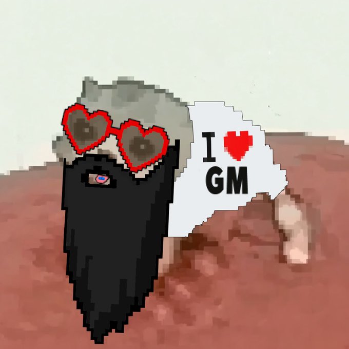 A pixel art image of a bearded figure wearing red heart-shaped sunglasses with a speech bubble containing 'I ❤ GM'.