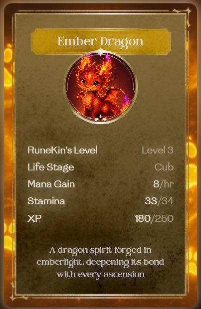 A video game card titled 'Ember Dragon' showing a Level 3 RuneKin in the Cub life stage with 8/hr Mana Gain, 33/34 Stamina, and 180/250 XP.