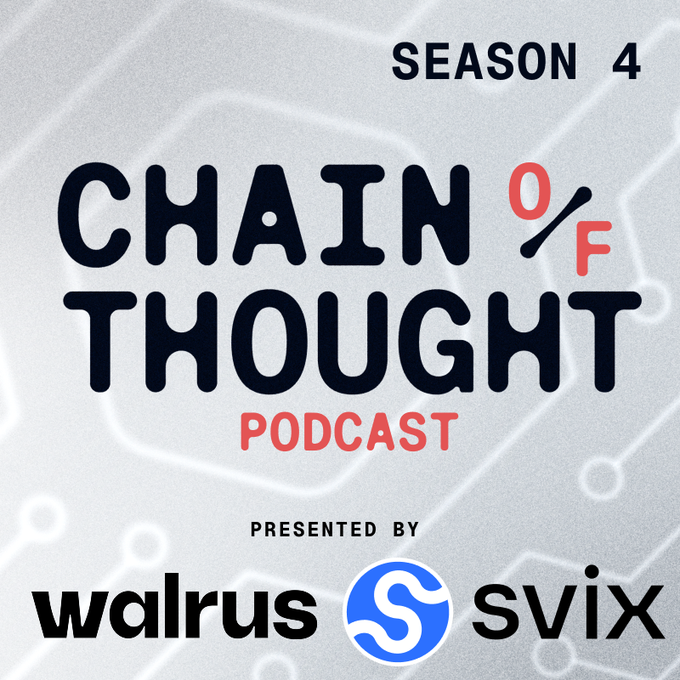 Promotional artwork for the 'Chain of Thought Podcast' Season 4, presented by Walrus and Svix, featuring a circuit-board pattern background.