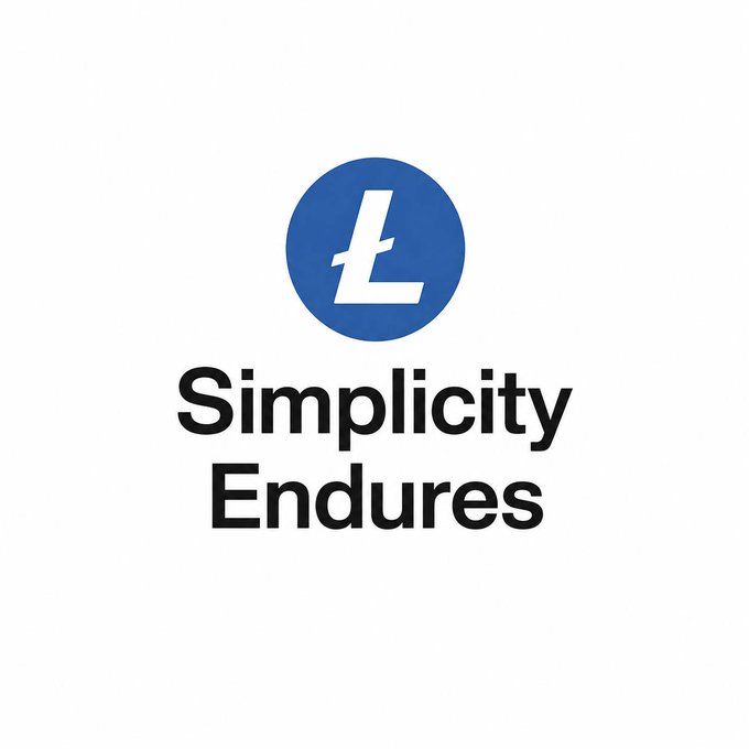 A white background displaying a blue Litecoin logo above the bold black text 'Simplicity Endures'.