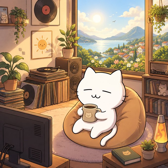 An illustrated scene of a white cat relaxing in a bean bag chair holding a mug, surrounded by plants, vinyl records, and a window view of a coastal landscape.