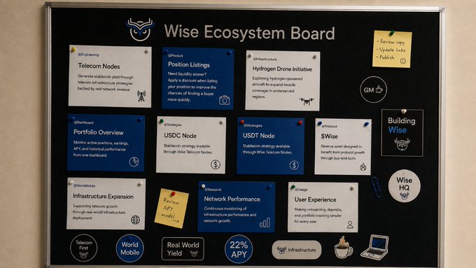 A black board titled "Wise Ecosystem Board" displaying multiple cards with categories like Telecom Nodes, Position Listings, Hydrogen Drone Initiative, USDC Node, USDT Node, and $Wise, along with various icons.