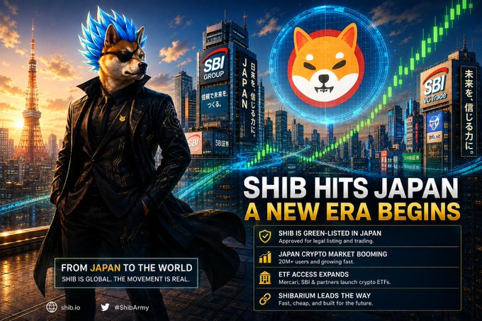 A Shiba Inu-themed promotional poster reading 'SHIB HITS JAPAN - A NEW ERA BEGINS' showing an anthropomorphic Shiba figure in a trench coat with the Tokyo Tower, SBI Group billboards, and rising crypto charts.