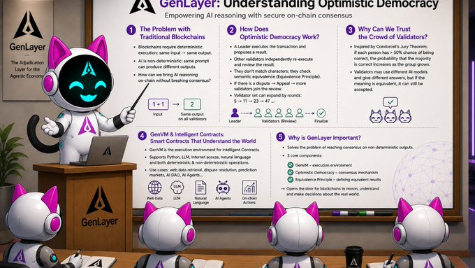 An educational illustration by GenLayer titled 'Understanding Optimistic Democracy' featuring an AI character presenting to an audience, explaining blockchain validation concepts with sections numbered 1-5.