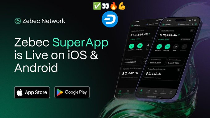 An advertisement for 'Zebec Network' announcing that the 'Zebec SuperApp is Live on iOS & Android', showing phone screens displaying wallet balances of $10,444.49 and ZBCN token balances.