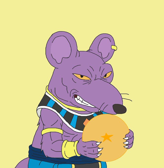 The image features a cartoon rat with purple fur, wearing a blue and gold outfit that includes a yellow and black striped shirt and a blue and gold headdress. The rat has its mouth open wide as if it's about to bite something or make a face for the camera. The caption below the image reads "Draw this BeeRat using paint still learning how to draw haha @OgRats_ @Ronin_Network #RelicRatArt".