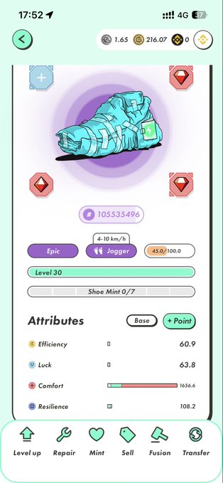 A mobile game interface shows a level 30 "Jogger" shoe with attributes including Efficiency 60.9, Luck 63.8, Comfort 1656.6, and Resilience 108.2, with options for Level up, Repair, Mint, Sell, Fusion, and Transfer.