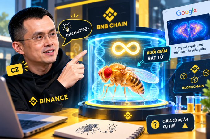 A graphic featuring CZ (Changpeng Zhao) pointing at a fruit fly in a lab capsule with BNB Chain branding and Vietnamese text discussing an 'immortal aging reduction' project.