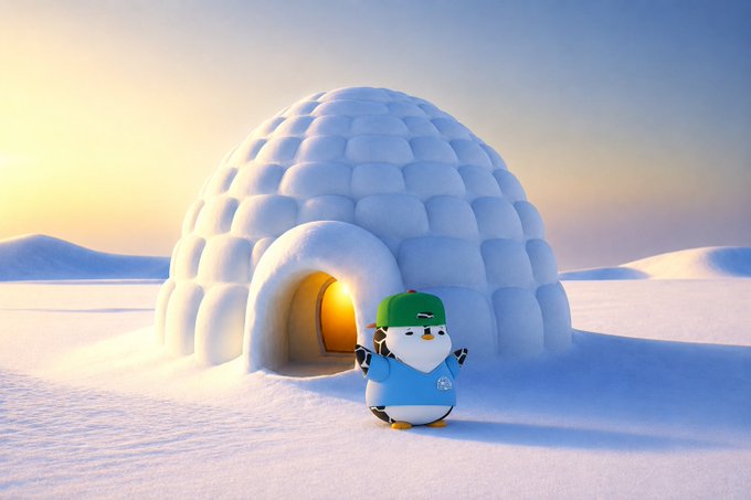 A 3D-rendered penguin wearing a green hat and a coat with a snowflake emblem stands outside an igloo at sunset.