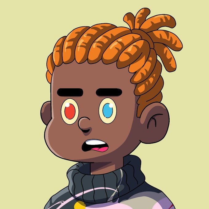 A cartoon illustration of a character with brown skin, orange dreadlocks tied up, heterochromia (one red, one blue eye), and a surprised expression.