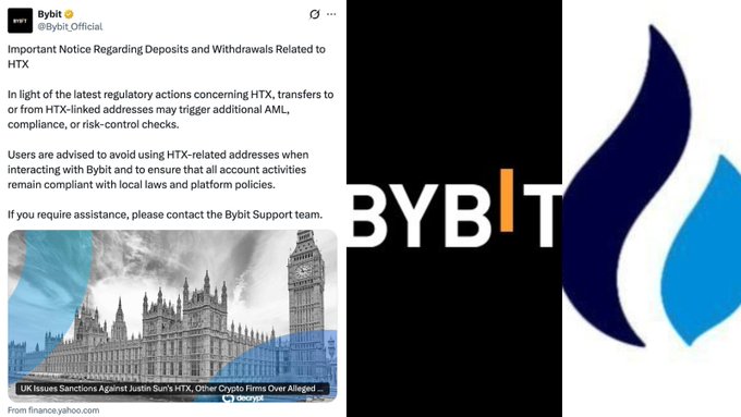 The image features a post from Bybit, an online payment platform that allows users to send and receive payments through Bitcoin addresses. The post announces new regulatory actions concerning HTX, which are likely related to Bitcoin transactions. It also mentions that users should be cautious when using Bitcoin addresses for financial transactions due to the potential impact on AML regulations.

The image includes a logo of the Houses of Parliament in London, England, and a blue flame design representing a flame. The caption below the image reads: "NEW: @Bybit_Official ANNOUNCES  IN LIGHT OF THE LATEST REGULATORY ACTIONS CONCERNING HTX, TRANSFERS TO OR FROM HTX-LINKED ADDRESSES MAY TRIGGER ADDITIONAL AML, COMPLIANCE, OR RISK-CONTROL CHECKS".