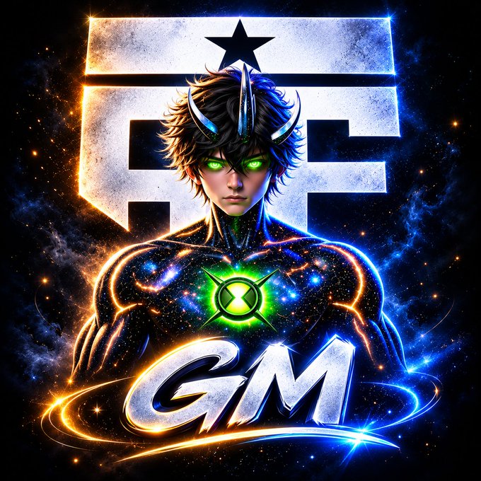 A vibrant gaming logo featuring an anime-style character with glowing green eyes against a starry cosmic background, with the text "GM" prominently displayed.