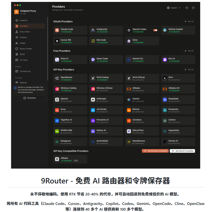 A dark-themed dashboard for 9Router showing management of AI provider connections including Claude Code, Antigravity, OpenAI Codex, and others, with Chinese text translating to '9Router - Free AI router and token saver'.