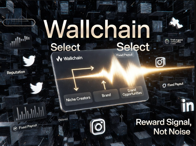 The image features a poster for a cryptocurrency called @wallchain, which has been designed to reward users who provide genuine signals with a token or coin. The poster includes various social media icons such as Twitter, Instagram, and Facebook logos, along with other symbols related to social networking platforms like likes, shares, and comments. The text on the poster emphasizes the importance of signal quality over quantity in the cryptocurrency world, encouraging users to focus on providing meaningful signals rather than spamming the network with endless noise.