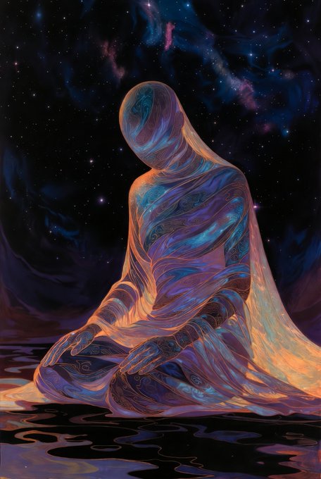 A faceless humanoid figure draped in flowing robes sits in meditation, its body rendered in swirling psychedelic patterns of purple, blue, and orange against a starry cosmic background.