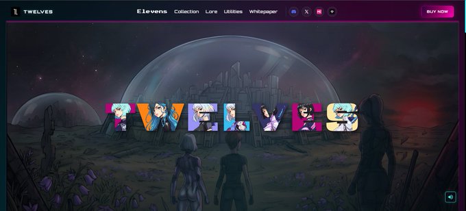 A webpage header for "Elevens" by TWELVES, featuring large colorful letters filled with character art against a dark, futuristic background with bubbles and "BUY NOW" button.