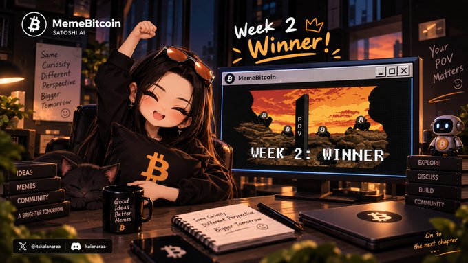 An anime-style graphic for 'MemeBitcoin SATOSHI AI' celebrating 'Week 2 Winner!' featuring a girl with a Bitcoin pillow and a black cat.