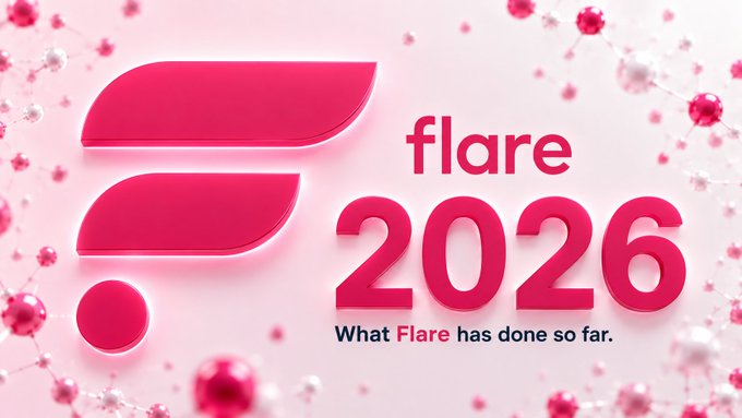 A promotional graphic with a pink background featuring the Flare logo, text reading "flare 2026" and "What Flare has done so far." surrounded by molecular-style decorations.