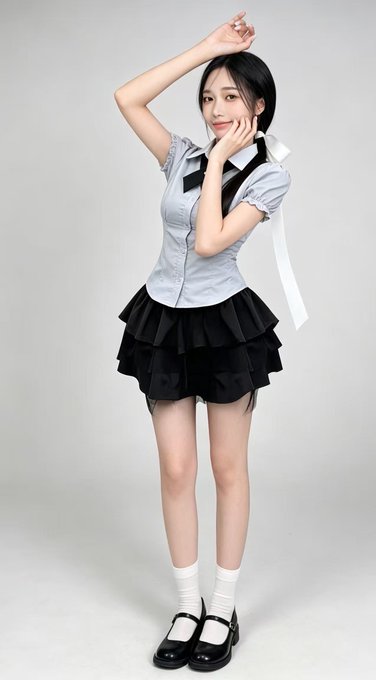 A young woman poses in a schoolgirl-style outfit featuring a light blue button-up top with a white ribbon tie and a short black ruffled skirt, paired with white socks and black Mary Jane shoes.