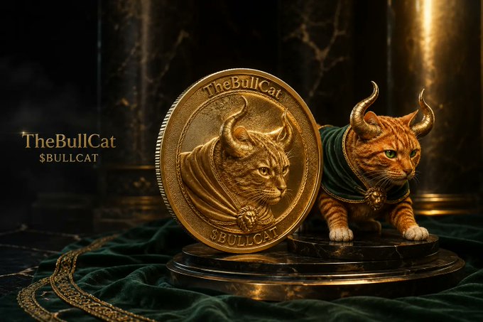 A promotional image for "TheBullCat" ($BULLCAT) featuring a golden commemorative coin with a bull-horned cat and a real cat dressed in medieval-style attire beside it.