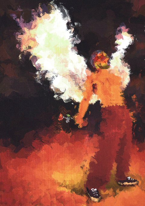 Vibrant abstract painting featuring fiery red, orange, and dark tones with a figure-like shape and what appears to be sneakers at the bottom.