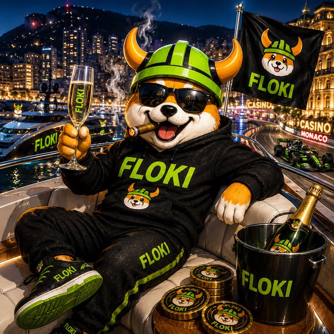 An anthropomorphic Shiba Inu mascot dressed in a black 'FLOKI' tracksuit, green horned Viking helmet, and sunglasses lounges on a yacht with a champagne glass and cigar, with a 'FLOKI' flag and Monte Carlo casino in the background.