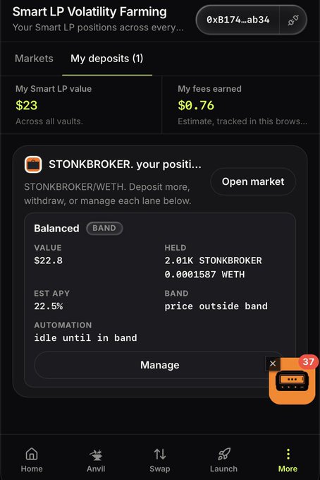 A mobile app screenshot showing 'Smart LP Volatility Farming' with a My Smart LP value of $23 and fees earned of $0.76 for the STONKBROKER/WETH position.