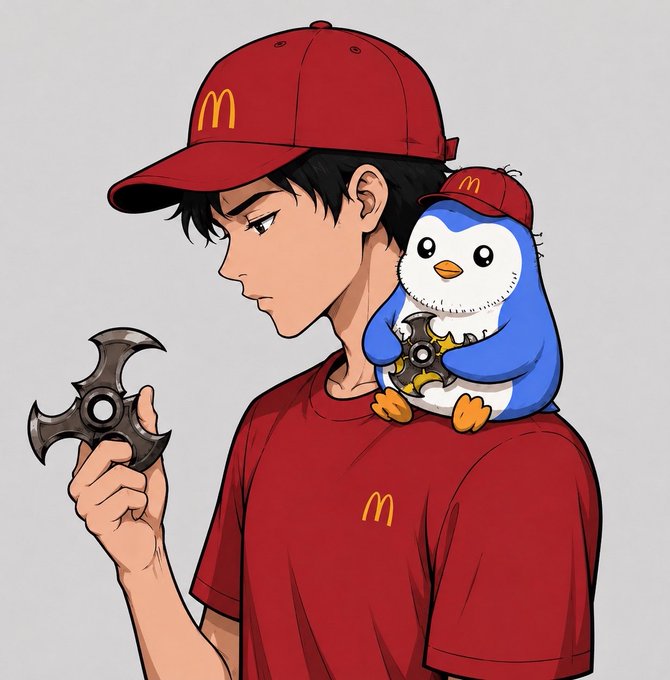 An anime-style illustration shows a young man wearing a red McDonald's cap and shirt, holding a shuriken while a blue penguin also wearing a McDonald's cap sits on his shoulder.