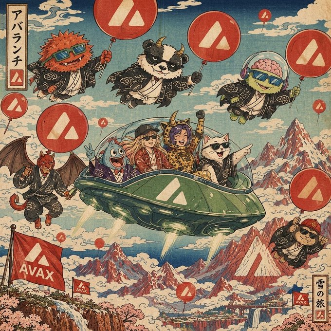 A Japanese woodblock-style illustration featuring various anthropomorphic characters in traditional attire riding a UFO over mountains, with Avalanche (AVAX) logos on balloons and flags, and Japanese text including 'アバランチ' and '雪の旅'.