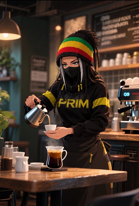 A digital illustration of a barista with dreadlocks wearing a RASTA-colored beanie and a black 'PRIM' hoodie, making coffee in a cafe.