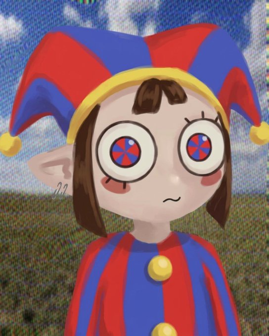 A 3D animated character with large spiral eyes wears a red and blue jester hat and outfit, standing in front of a static TV-like background.