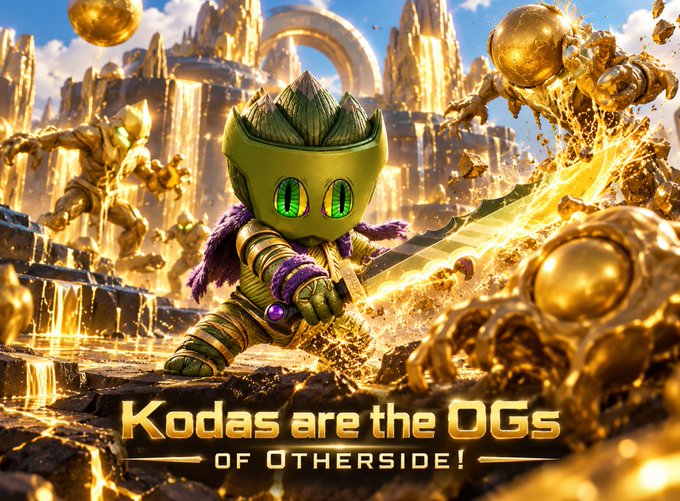 A digital artwork of a green plant-like character in armor wielding a sword amid golden ruins, with the text 'Kodas are the OGs of Otherside!' displayed at the bottom.