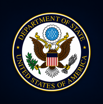The image shows the official seal of the U.S. Department of State, featuring an eagle with a shield, olive branch, and arrows, surrounded by the text "Department of State, United States of America." This seal represents the government agency launching the new "Freedom Tech Excellence Program" announced in the post, which partners with the Bitcoin Policy Institute, Palantir, and Anduril to embed private-sector employees in diplomatic efforts focused on digital freedom.