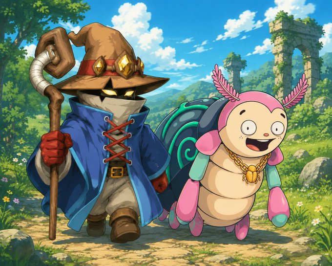 An anime-style illustration shows a wizard character wearing a blue cloak and a large pointed hat standing next to a smiling pink and teal caterpillar-like creature with pink antennae in a sunny field.