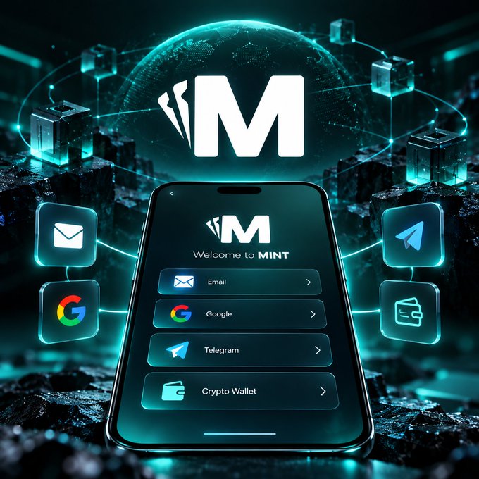 A promotional graphic for MINT app featuring a smartphone displaying login options for Email, Google, Telegram, and Crypto Wallet, set against a futuristic blue globe background with interconnected cubes.
