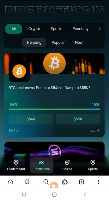 A mobile app screenshot of a 'Predictions' trading platform showing a Bitcoin market titled 'BTC next move: Pump to $84k or Dump to $55k?' with 84% favoring $84K.