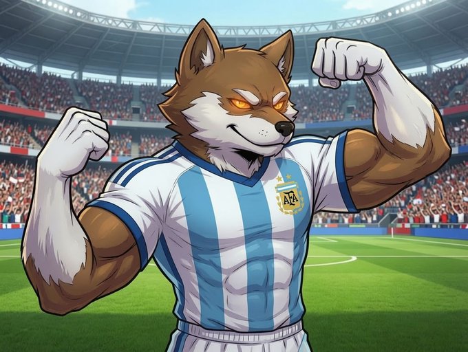 An illustration of a muscular anthropomorphic Shiba Inu dog flexing its arms while wearing an Argentina national football team jersey in a stadium.