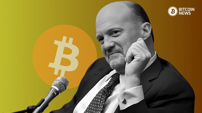The image features a man wearing a suit, sitting at a microphone with his hand on his chin. The background of the image has an orange circle with a Bitcoin symbol inside. The caption below the image reads "CRAMER: Saylor killed Bitcoin. You know how Scott Pelley said 60 Minutes was murdered by the new team? Saylor murdered Bitcoin." This suggests that there is some sort of connection between the man in the suit and the Bitcoin meme, possibly indicating a negative association or criticism towards Bitcoin.