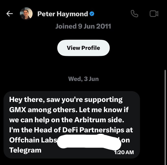 A Twitter direct message from Peter Haymond stating he is the 'Head of DeFi Partnerships at Offchain Labs' offering Arbitrum support.