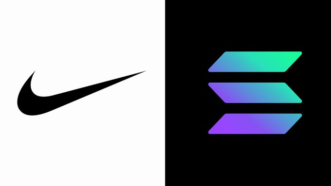 A split graphic showing the black Nike swoosh logo on a white background on the left, and a stylized three-stripe logo in a green-to-purple gradient on a black background on the right.
