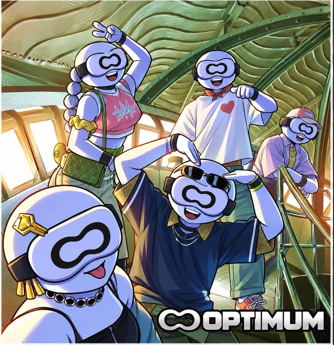 An anime-style illustration shows five masked characters wearing futuristic glasses in various poses inside what appears to be a vehicle, with the word 'OPTIMUM' displayed in the bottom right corner.