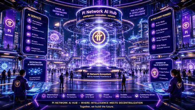 A futuristic digital poster for 'Pi Network AI Hub' featuring a neon purple cityscape, various AI services, and the tagline 'WHERE INTELLIGENCE MEETS DECENTRALIZATION'.