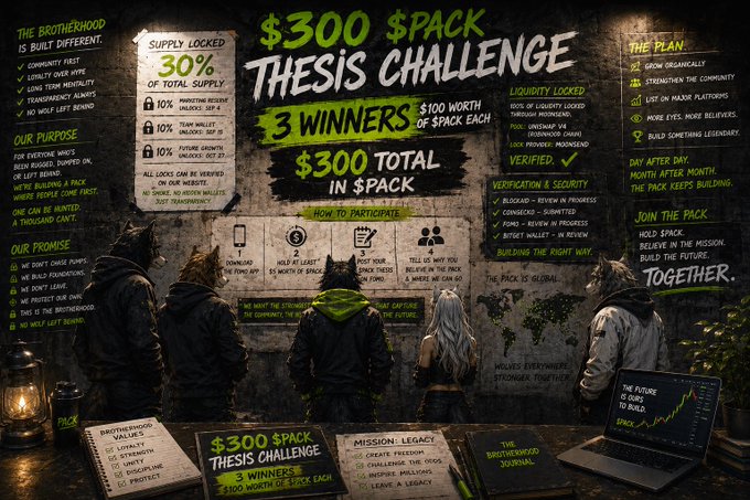 A dark, gritty promotional poster for a "$300 $PACK THESIS CHALLENGE" featuring three silhouetted figures and a wolf standing before a wall of manifesto text outlining the "Brotherhood" and challenge details, with instructions to download the FOMO app and hold at least $5 worth of $PACK, promising 3 winners $100 worth of $PACK each.