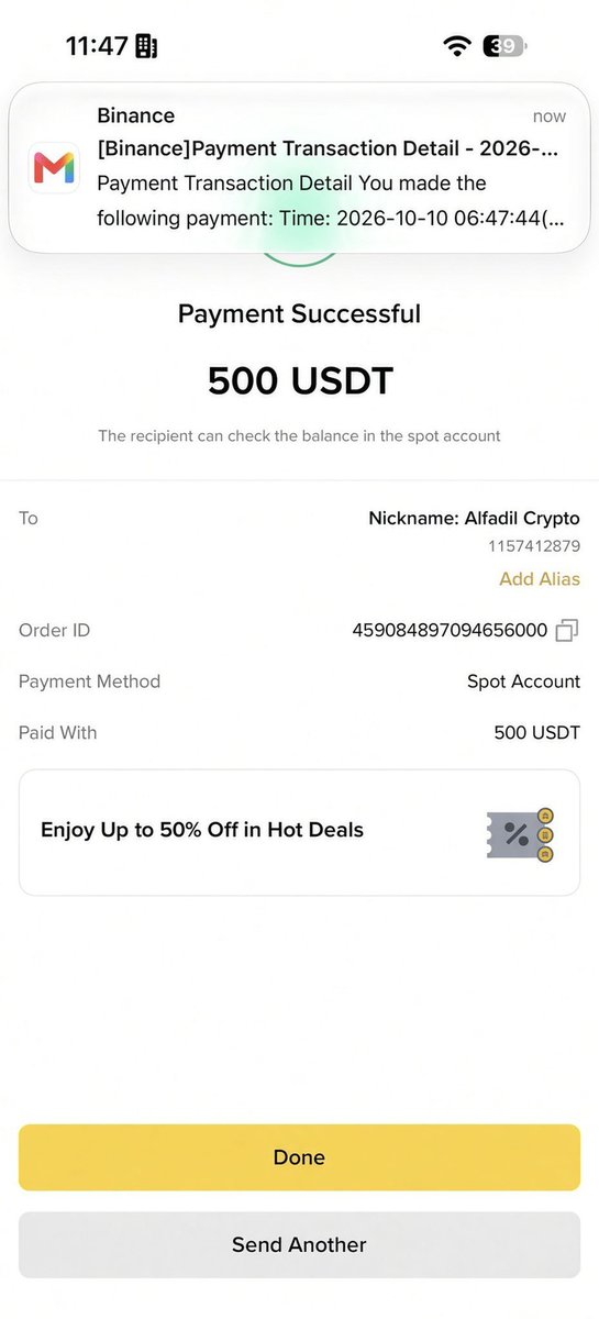 A screenshot of a mobile phone displaying a completed transaction of '500 USDT' sent to 'Alfadil Crypto' via Binance, with options to 'Send Another' at the bottom.