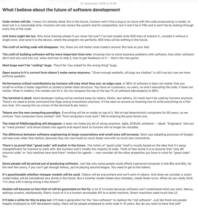 A text-based article titled 'What I believe about the future of software development' dated 19. September 2026, discussing predictions about AI replacing code writing and software engineering.