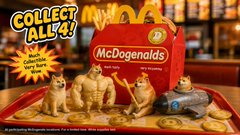 The image features a group of four dog statues, each holding a different object - a golden retriever with a frisbee, another golden retriever with a baseball bat, a third golden retriever with a sword, and a fourth golden retriever with a gun. The objects they are holding include a red McDonald's box, a red tray filled with gold coins, and a red tray containing a toy car. The background of the image is blurred, but it appears to be a restaurant or dining area.