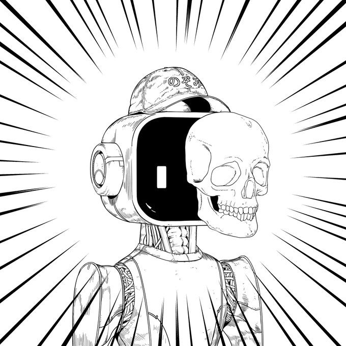 A black and white manga-style illustration of a character wearing a cap with Japanese text, whose head is half robot (featuring a square eye) and half skull, set against a background of radiating action lines.